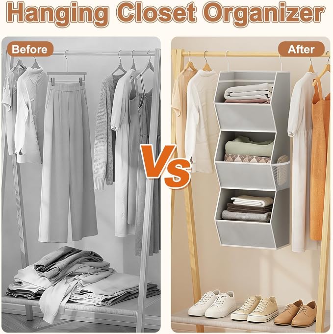 Closet Hanging Organizer with Pockets, 3 Shelf Hanging Clothes Organizers | Kids Closet Organizers and Storage for Clothes Fabric Hanging Storage Bins for Wardrobe Closet Organization and Storage, Grey