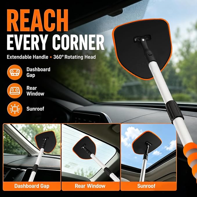 XINDELL Interior Windshield Cleaner Tool, Extendable Car Window Cleaning Kit with 360° Rotating Head