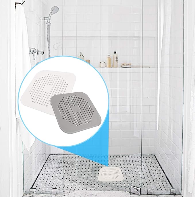 Square Drain Cover for Shower 5.7-inch TPR Drain Hair Catcher Flat Silicone Plug for Bathroom and Kitchen Filter Shower Drain Protection Flat Strainer Stopper with Suction Cups 2 Pack (Grey)