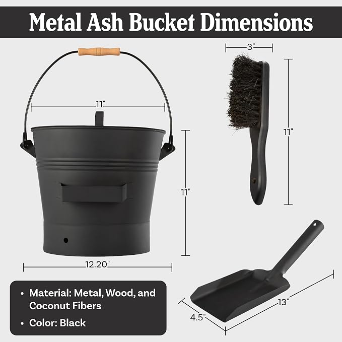 Pure Garden Ash Bucket with Lid, Broom, and Shovel, Black, 11”x12.2”x11” | 2.11-Gallon Metal Bucket for Fireplace or Firepit Ashes, Fireplace Tools
