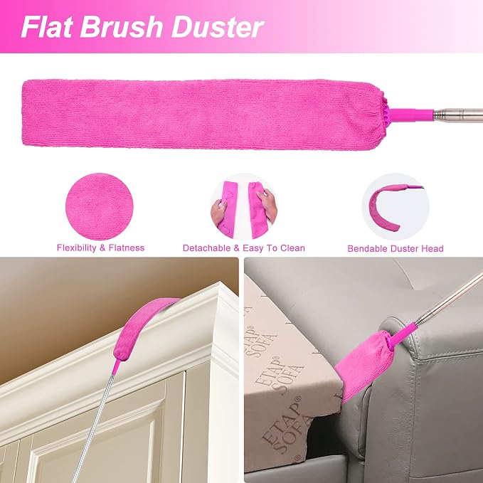 CALBEAU Microfiber Dusters for Cleaning, Dusters with Extension Pole | 15 PCS Feather Duster Kit for Ceiling Fan, Blinds, Cars, Furniture, High Walls; Pink Cleaning Tools, Gift for Women