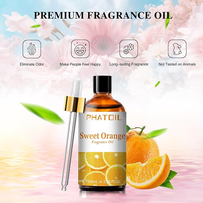 PHATOIL Sweet Orange Fragrance Oil for Diffuser Aromatherapy 3.38FL.OZ | Long Lasting Scented Oils For Humidifier, Air Freshener, DIY Soap Candle, Scent Project Making, Aroma Oil for Home Freshening