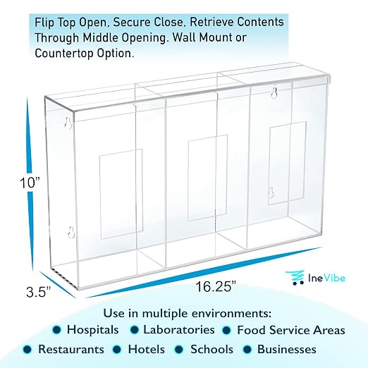 IneVibe 3 Compartment Hygiene Holder with Lid for Home or Office (Triple) | Triple Acrylic Dispenser For Hairnets, Glove Boxes, Face Masks, Plastic Bags, Tissue Boxes, Medical- Countertop or Wall Mount