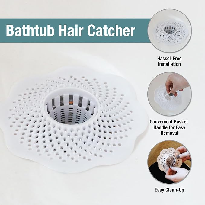 Danco Bathtub Drain Hair Catcher with in-Drain Basket and Strainer Pegs, fits 1.8″ Tub Drains, Protects Drains from Clogs, White, (10306)