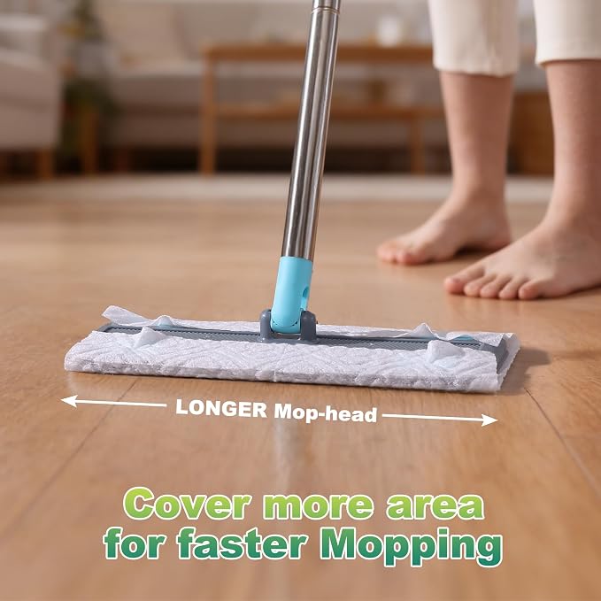 JOYMOOP Hands Free Multi Purpose Flat Mop, Dust Mop for Pet Hair and Floor, 72 Dry + 12 Wet Refills, Turquoise-Cyan & Muted Grey