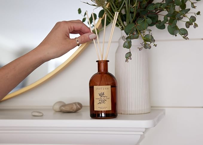 Craft & Kin Lily & Jasmine Reed Diffuser – 5.75 oz Essential Oil Diffuser for Home & Bathroom – Up to 120-Day Fragrance with 8 Rattan Scent Sticks – Amber Glass Room Decor