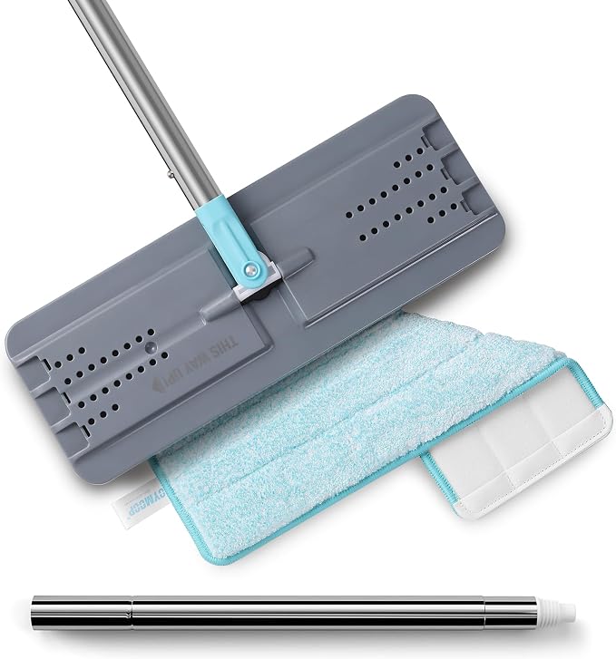JOYMOOP Flat Mop, Microfiber Floor Cleaner with 60" Long Handle and Flexible 13" Head, Grey & Cyan Blue