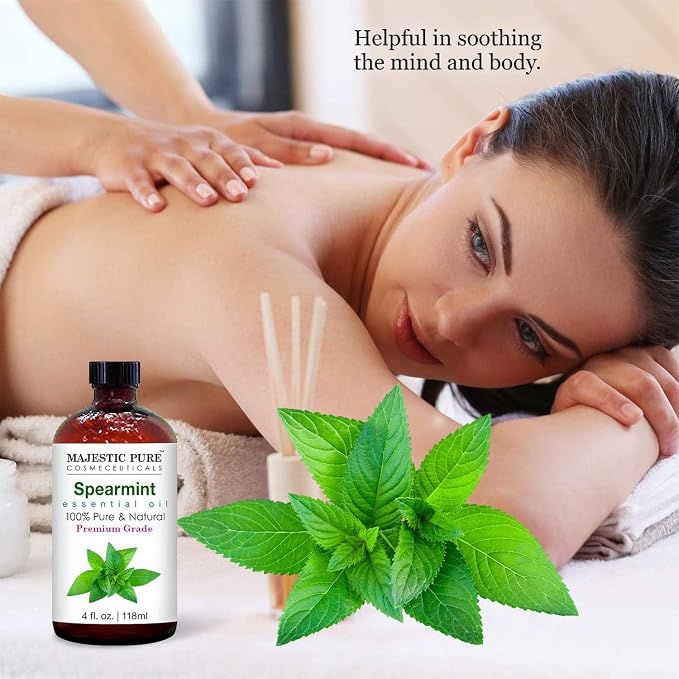 Majestic Pure Spearmint Essential Oil for Diffuser - 4 Fl Oz | 100% Natural Essentials Oils Ideal for Humidifier, Air Freshening, Cleaning Home, Bath, Steam Inhalation and Massage
