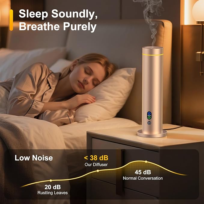 Waterless Diffuser, Essential Oil Diffuser, 1000 Sq.Ft Coverage Scent Diffuser – Plug-in Only, Adjustable Mist, Remote, Mood Lights for Home & Office, Large Room, Hotel, Gold