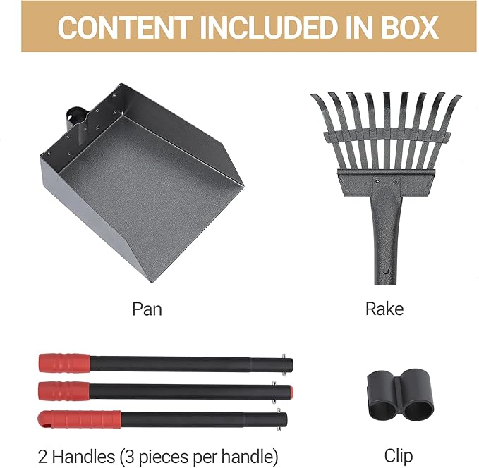 Dog Pooper Scooper, Dog Poop Tray and Rake Set with Long Stainless Handles | Pet Waste Removal Scoop with Adjustable Sectional Handles