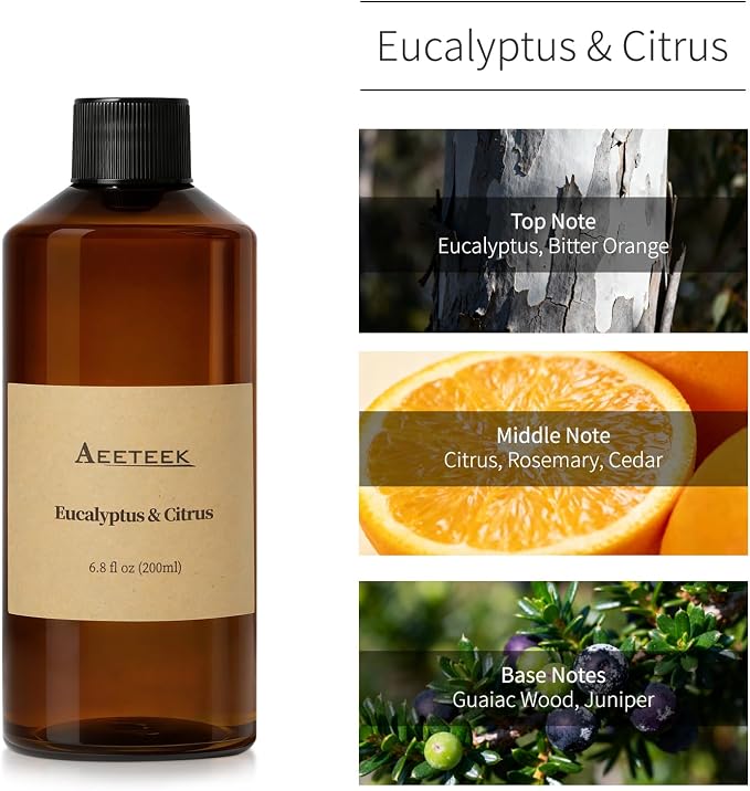 Reed Diffuser, 6.8oz Eucalyptus & Citrus Essential Oils Refill | 200ml Aroma Oil with Diffuser Sticks, Long-lasting Air Freshener, Home Fragrance for Room, Bathroom Decor