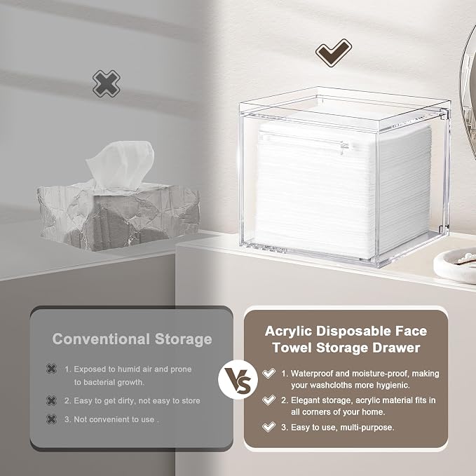 Acrylic Disposable Facial Towels Holder, Wall-Mounted, Clear | Premium Thicken Acrylic | Compatible with Clean Skin Club Towel XL | Skin Care Organizer with Drawer | Bathroom Vanity
