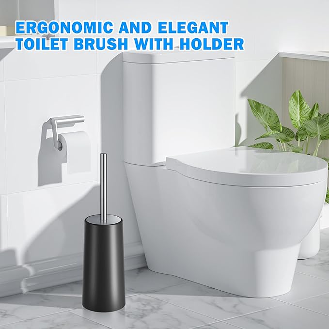Toilet Brush and Holder, 2 Pack Toilet Brush with 304 Stainless Steel Long Handle, Toilet Bowl Brush for Bathroom Toilet-Ergonomic, Elegant,Durable (Black)