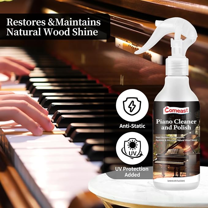 Piano Cleaner and Polish, Clean, Wax and Protect Glossy All in One Bottle Restore the Shine, Remove Fingerprints and Stains, and Enhance the Brightness of the Wood or Lacquer Finish, 8.45 Fl Oz | Remove Fingerprints,and Enhance the Brightness of the Wo...