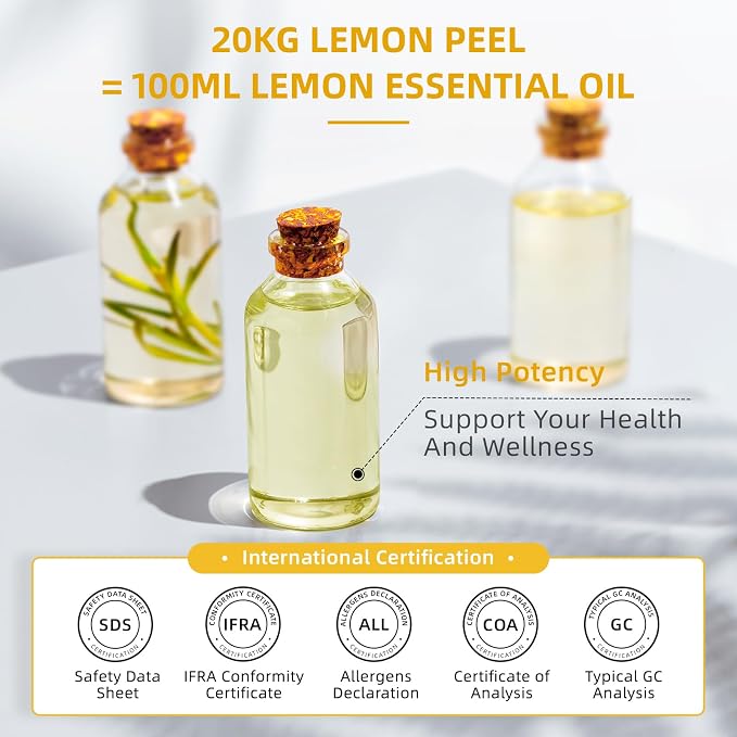 HIQILI Lemon Essential Oil for Cleaning, Skin & Diffuser | Can be added for degreasing, household use and aromatherapy purposes – 473mL / 16 fl.oz