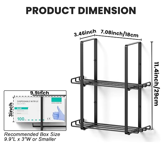 2 Pack Glove Holder Dispenser for Wall Mount, 2-Tire Metal Disposable Latex Glove Box Holder for Home Office, Lab and Garage, Tissue Wire Rack Wall-mounted for Kitchen Organizer Decor, Blak