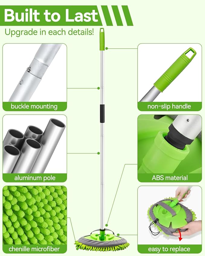 62’’ Car Wash Brush Kit with 2 Replacement Head Covers, Microfiber Car Washing Kit with Long Handle, Car Wash Mop for Cars RV Truck Exterior