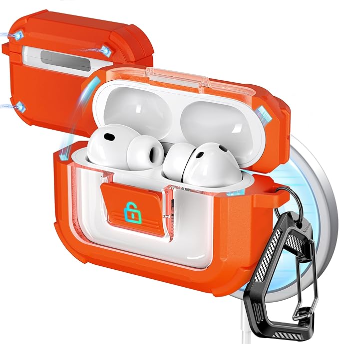 R-FUN for AirPods Pro 3 Case with Lock Magnetic Lid MagSafe, Orange | Compatible Apple AirPods Pro 3, Compatible MagSafe, Protective Case with Cleaner Kit & Carabiner, Powerful Drop Protection