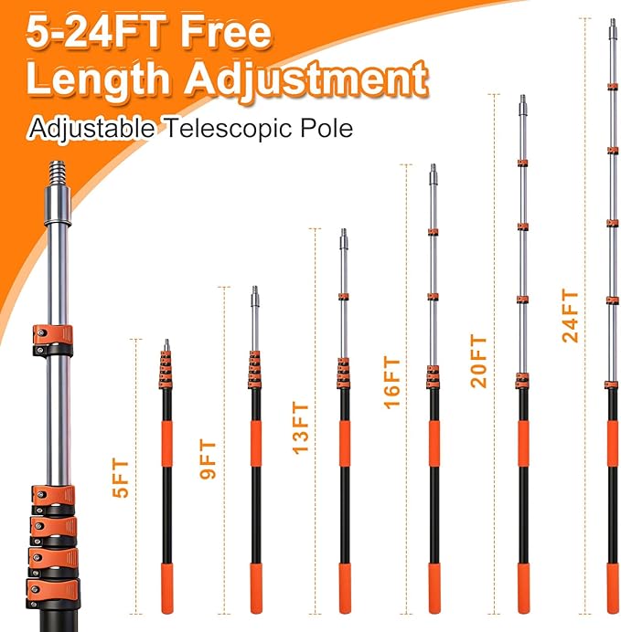 30FT High Window Cleaning Kit, 5-24 FT Telescoping Extension Pole with Dual Action Flip-Lock & Screw Fixing Design, 2-in-1 Window Squeegee, Professional Long Handle Washing Tool for High Windows