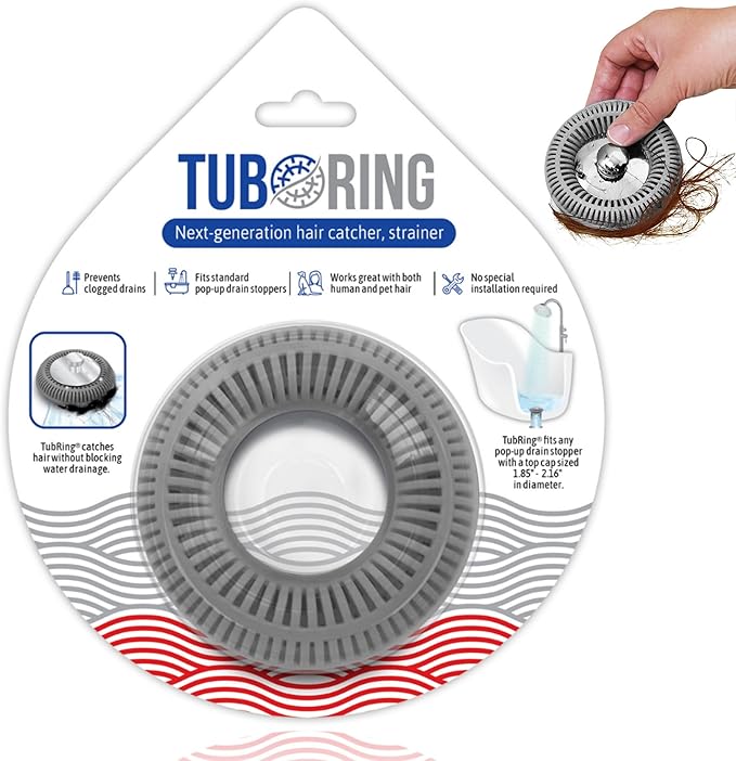 TubRing Pop-Up Drain Protector & Strainer Silicone Hair Catcher, Gray | Easy snap-in design fits around bathtub stoppers. Customizable utility guard for clog prevention. Fits 1.85"- 2.16" drains.