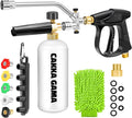Foam Cannon Dual Connector for Pressure Washer, Industrial Car Wash Foam Gun Kit 1/4 Inch Quick Connector, Adjustable Soap Cannon with 5 Pressure Washer Nozzle Tips, Adapter, 1 Liter