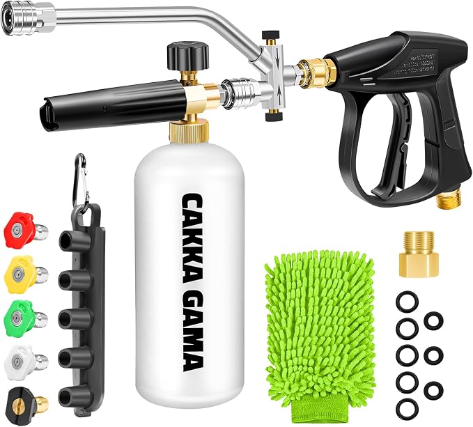 Foam Cannon Dual Connector for Pressure Washer, Industrial Car Wash Foam Gun Kit 1/4 Inch Quick Connector, Adjustable Soap Cannon with 5 Pressure Washer Nozzle Tips, Adapter, 1 Liter
