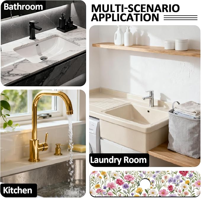 2 Pcs Kitchen Sink Splash Guard Faucet Mats Colorful Watercolor Flowers and Plants Pattern Faucet Mat for Sinks Absorbing Drying Mat for Kitchen Bathroom, 23.6x5.5inch