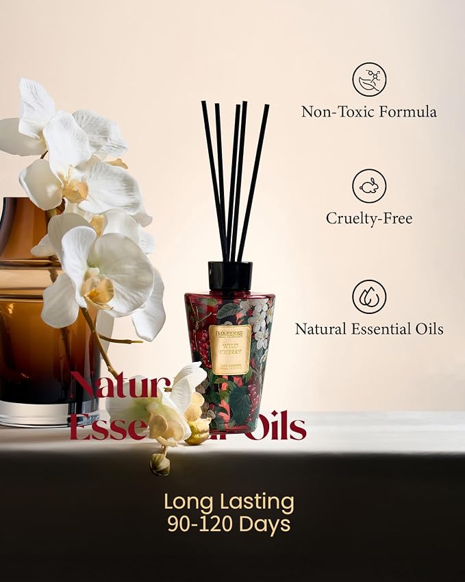 M&SENSE Reed Diffuser Set, Wild Cherry, 8.79 oz Natural Essential Oil | Non-Toxic Organic, Long-Lasting Fragrance, Ideal for Living Room, Bedroom, Gifts for Women