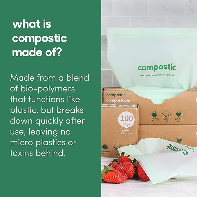 Compostic Home Compostable Resealable Gallon Bags (10.5"x10.5"), Microwave & Freezer Safe, Organic Food Storage Container, 30 Count (Pack of 2)