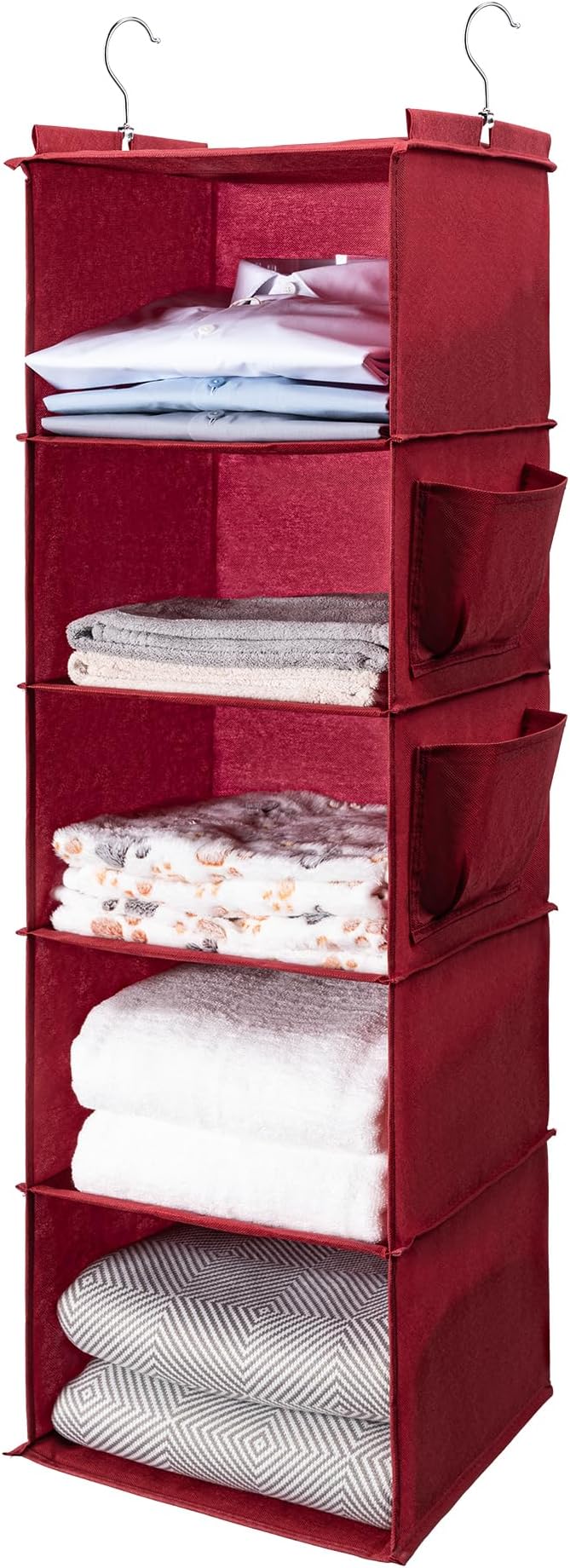 BOOMIBOO Hanging Closet Organize and Shelves,5-Hanging Shelf（Red） | with 2 Side Pockets，Storage Foldable
