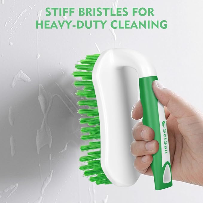SetSail Scrub Brush, Stiff Bristle Cleaning Scrubber, 4 Pack(Green) | Durable Bristles Ergonomic Non-Slip Tpr Grip. U-Style Hanging Loop for Storage. Use for Shower, Tub, Tile, Kitchen, Carpet.