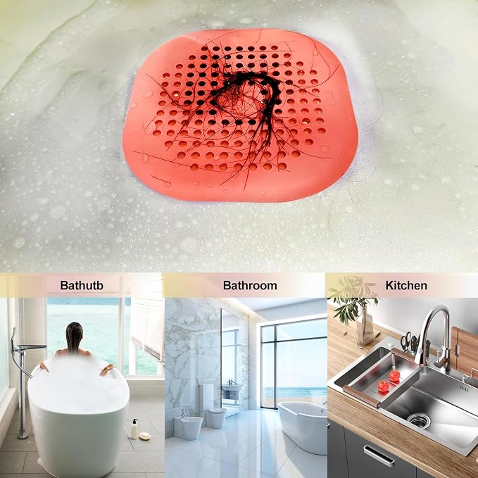 Bovinde Hair Drain Catcher,Square Cover for Shower 2 Pack (Orange) | Drainer Cover Silicone Hair Stopper with Suction Cups,Protector Accessories,Easy to Install Suit for Bathroom,Bathtub,Sink