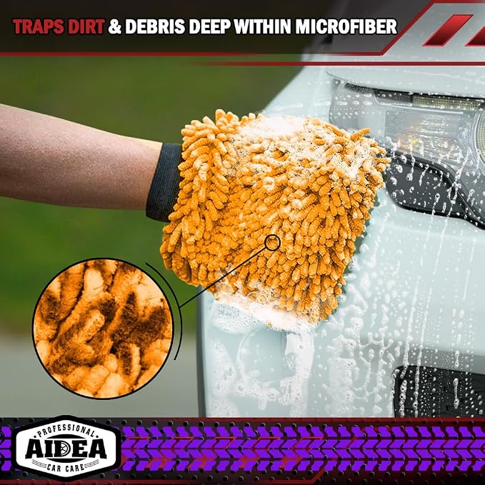 AIDEA Car Wash Mitt Microfiber, 2PK, Car Wash Brush, 7.12''X10.14'' | Scratch Free Lint-Free, Premium Chenille Microfiber Mitt, Cleaning Supplies, Regular Size, Orange