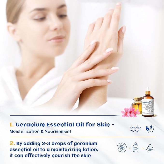 HIQILI Geranium Essential Oil for Skin Care & Aromatherapy diffusing | Calming Scent for Meditation & Relaxation, Ideal for Hair Care, Massage, DIY Candles & Air Freshening - 100ml / 3.38 fl.oz