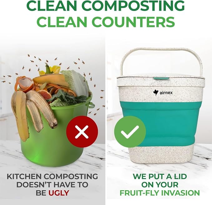 Collapsible Small Compost Bin with Lid - 1 Gallon Compost Bucket Food Waste Caddy Made of Wheat Straw - Odorless Counter Top Compost Bin for Kitchen with 20 Compost Bags and 2 Carbon Filters