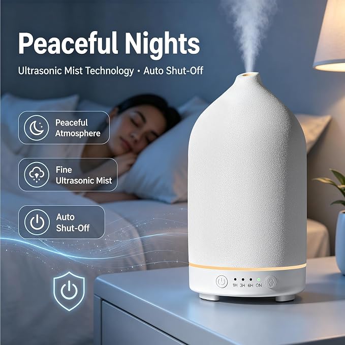 200ML Ceramic Essential Oil Diffuser for Home, Stone Diffuser | Ultrasonic Aromatherapy Diffuser & Air Humidifier for Bedroom, Office, Yoga, 7 LED Lights, Auto Shut-Off, 3 Timers, White