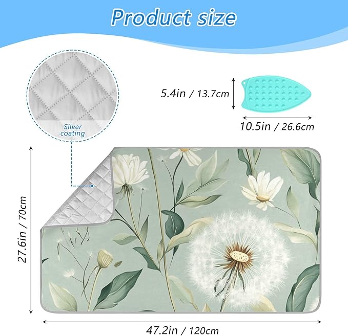 Ironing Mat Portable Ironing Pad Ironing Blanket for Table Top Heat Resistance Double-Side Using Travel Large 47.2 x 27.6 Inch Foldable Lightweight Sage Green Dandelions
