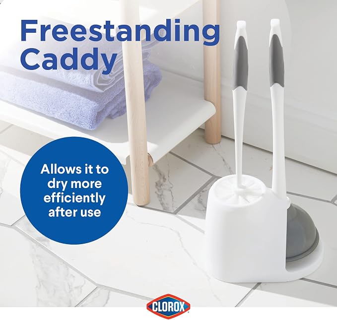 Clorox Toilet Plunger and Bowl Brush Combo Set with Caddy, 6.75" x 7" x 19.5", White/Gray, Pack of 2 - Plunger and Toilet Bowl Brush, Heavy Duty Plunger, Toilet Cleaning Brush, Freestanding Caddy