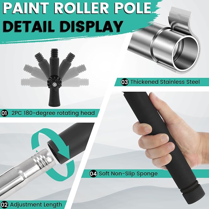 Paint Roller Extension Pole with Swivel,2Ft to11Ft Multi-Purpose Splice Extension Pole Long Handle with 180 Degree Swivel Head Window Squeegee Gutter Cleaning Tools Soft Sponge Handle