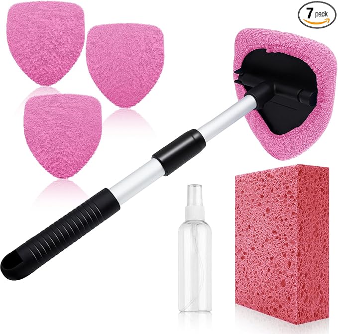 Windshield Cleaner Tool 22.5" L - Car Interior&Exterior Window Cleaning Kit with Extendable Handle&4 Microfiber Pads and Thick Large Wash Sponge, Auto Glass Wiper Brush Kit for Cars Home (7pcs Pink)