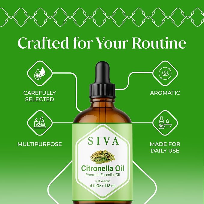 Siva Citronella Essential Oil, Glass Bottle with Dropper, 4 Fl Oz (118 ml) | Citronella Oil for Outdoor Spray, Patio, Diffuser, Home Fragrance, Candle, Soap, Body Massage, Cleaning Blends & DIY Projects