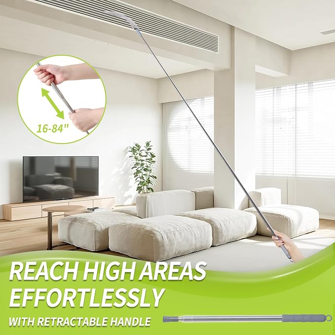IVYROLL Skinny Duster with Extension Pole for Under Furniture | Under Appliance Cleaning Tool with 3 Microfiber Dusting Cloths, Retractable Flat Duster for Under Refrigerator, Gap