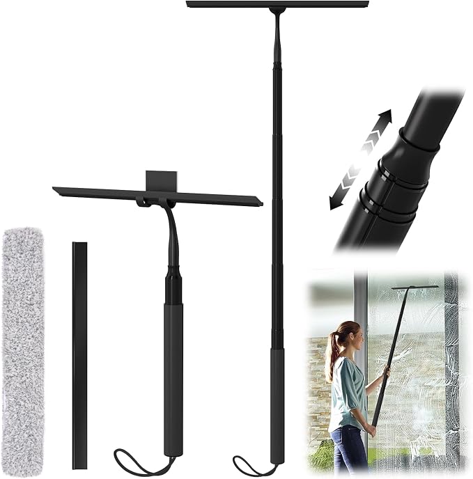 Shower Squeegee for Glass Doors, Telescopic Squeegee for Window Cleaning | 15-51" Shower Squeegee with Long Handle, Extendable Window Cleaner Tool for Tile Walls, Sliding Door, Floor, Car Windshield