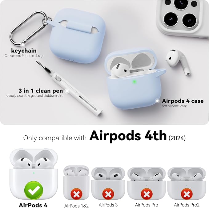 for AirPods 4 Case 2024 with Cleaner Kit & Keychain-Sky Blue | Silicone Protective Cover for Apple AirPods 4th Generation Case,for Women Men,One-Piece Design,Shockproof,Dust Proof