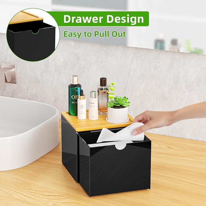 VITVITI Drawer Disposable Face Towel Holder Box, Acrylic Storage, Black | Face Towels Holder Container for XL Clean Skin Club, Facial Towel Storage with Bamboo Lid, for Bathroom, Vanity Makeup