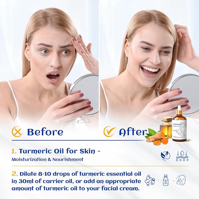 HIQILI Turmeric Oil for Face, Skin Care & Aromatherapy | With 10ml Travel Bottle, Dilute with Carrier Oil for Body & Scalp Massage, Ideal for DIY Crafts –100mL / 3.38 fl oz