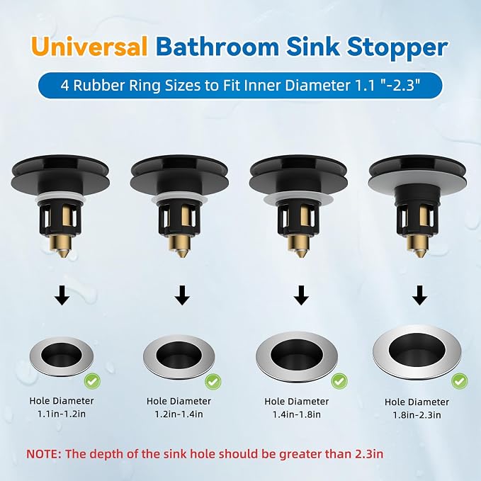2 Pack Universal Metal Bathroom Sink Stopper, Hair Catcher Strainer, Black | Pop-Up Sink Drain Strainer with Detachable Filter, Drain Plug Fits 1.1"-2.36" US Basin, Large Cover Cap, Brass Bounce Core