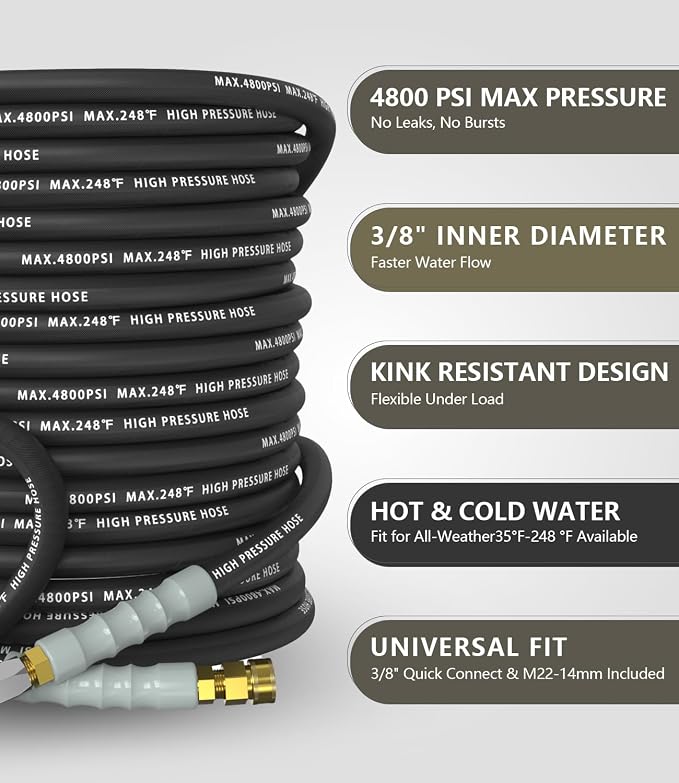 3/8" Pressure Washer Hose 50FT 4800 PSI, Kink Resistant Steel Braided Layer & NonMarking Rubber for Hot/Cold Water, High Power Washer Hose With 3/8 Inch Quick Connect & M22 Fitting, Black