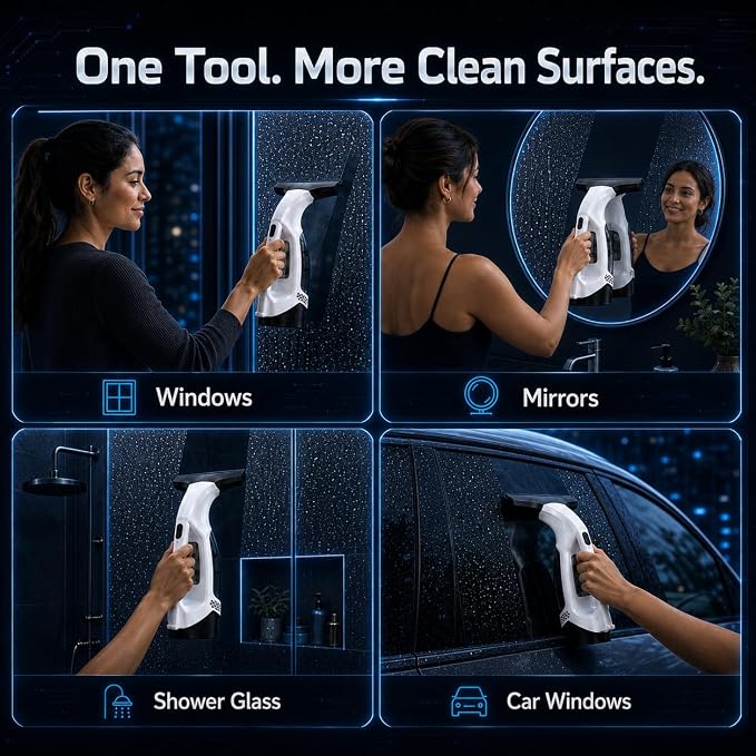Window Vacuum Squeegee with Long Handle, Cordless Window Vacuum Cleaner, Electric Window Cleaner and Shower Glass Cleaner for Mirrors, High Windows, Tiles, Car Windows, 3000Pa, Type-C(Black)