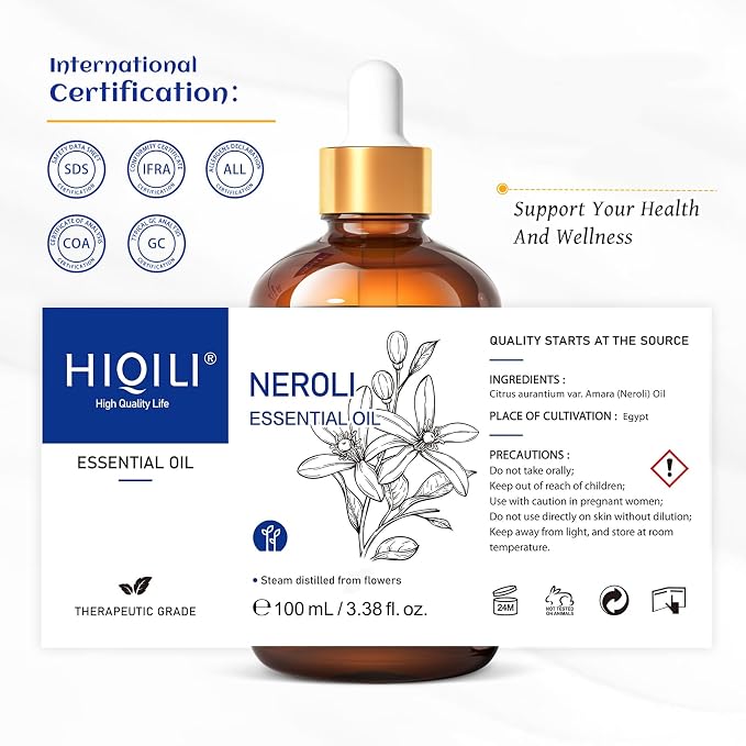 HIQILI Neroli Essential Oil for Diffuser, Aromatherapy and Skin Care | Relaxing & Calming, for Diffuser, Massage & DIY, Travel Bottle Included —100mL / 3.38 fl.oz